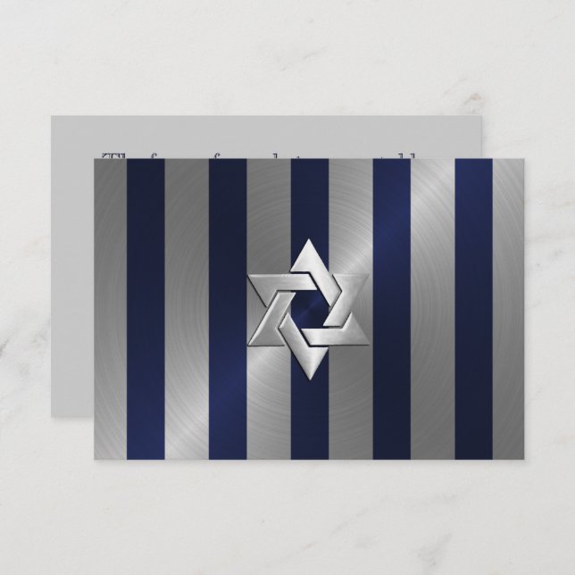 Bar Mitzvah Navy and Silver Stripe Star of David RSVP Card (Front/Back)