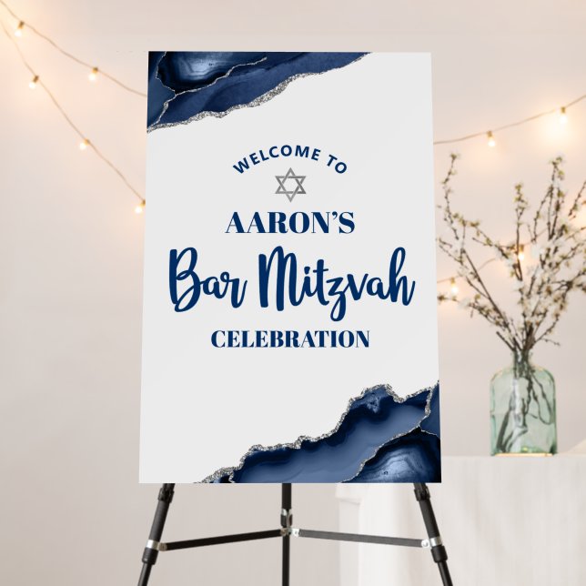 Bar Mitzvah Navy Blue Agate Script Minimal Welcome Foam Board (In Situ (Stand))