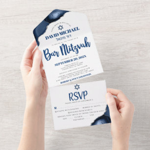 Bar Mitzvah Navy Blue Agate Script Party Modern All In One Invitation