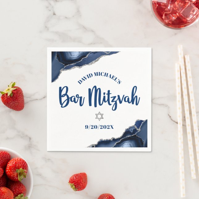 Bar Mitzvah Navy Blue Agate Script Simple Bold Napkins (Insitu)