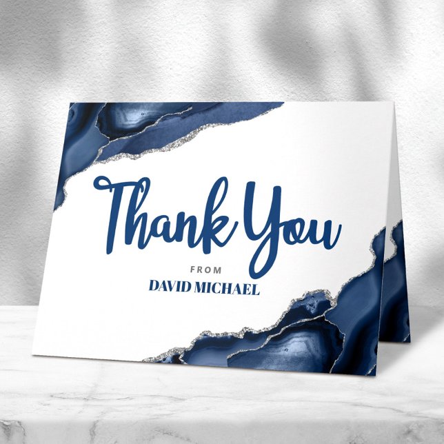Bar Mitzvah Navy Blue Agate Script Simple Minimal Letterpress Thank You Card (Creator Uploaded)