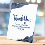 Bar Mitzvah Navy Blue Agate Script Simple Modern Pedestal Sign<br><div class="desc">Proudly thank every guest for celebrating your son’s Bar Mitzvah with you! Display this stunning, modern, stylish, personalized pedestal sign to add to his special day. Navy blue script typography and blue agate accented with faux silver veins overlay a minimal white. Available in 4 sizes: 4”x6”, 6”x8”, 8”x10”, and 10”x12”....</div>