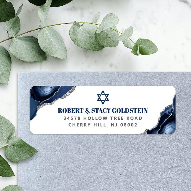 Bar Mitzvah Navy Blue Agate Silver Return Address Label (Creator Uploaded)