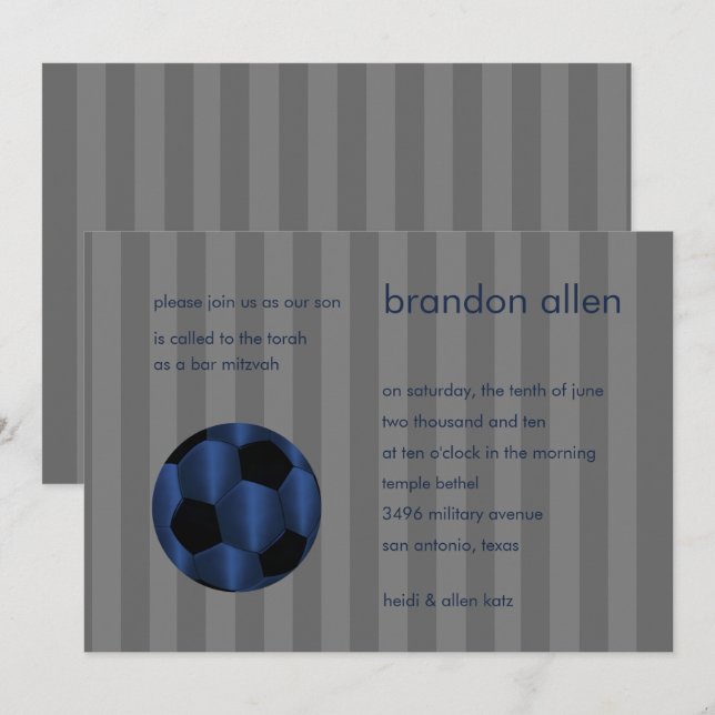 Bar Mitzvah Navy Blue and Black Soccer Ball Invitation (Front/Back)
