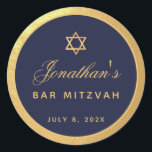 Bar Mitzvah Navy Blue Faux Gold Elegant Script Classic Round Sticker<br><div class="desc">There is a round frame from faux  gold foil,  with golden yellow text on navy blue inside. The name is written in a calligraphic script. Above the name,  there is a star of David from faux gold foil.</div>