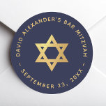 Bar Mitzvah Navy Blue Faux Gold Foil Star of David Classic Round Sticker<br><div class="desc">A simple but elegant navy and gold religious design with a faux gold foil star of David in its center, appropriate for a Jewish boy's bar mitzvah. Around the star, there is arched text in golden caps: in the upper part, the name and the occasion, in the lower part, the...</div>