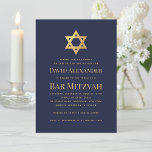 Bar Mitzvah Navy Blue Faux Gold Foil Star of David Invitation<br><div class="desc">A simple navy and gold bar mitzvah invitation whose only decoration is the faux gold foil star of David in the upper part (and on the back). All text is in golden caps and can be edited. The background is navy blue.</div>
