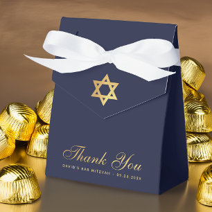 Bar Mitzvah Navy Blue Faux Gold Star Thank You Favor Boxes