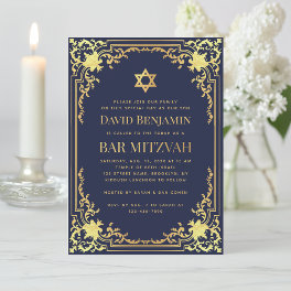 Bar Mitzvah Navy Blue Faux Gold Vintage Religious Invitation