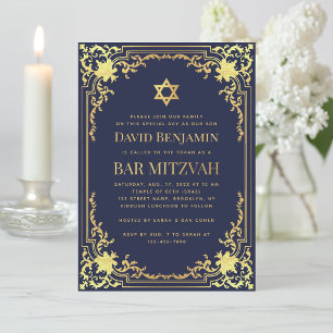 Bar Mitzvah Navy Blue Faux Gold Vintage Religious Invitation