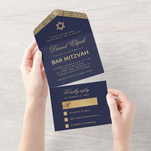 Bar Mitzvah Navy Blue Gold Elegant Script Vintage  All In One Invitation