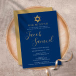 Bar Mitzvah Navy Blue Gold Script Invitation<br><div class="desc">Featuring golden script signature name. Personalize with your special Bar Mitzvah information in chic gold lettering on a navy blue background. Designed by Thisisnotme©</div>