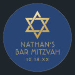 Bar Mitzvah Navy Blue & Gold Star of David Name Classic Round Sticker<br><div class="desc">Elegant modern blue and gold classic bar mitzvah stickers with custom name,  date and Star of David design. These bar mitzvah favor tag stickers are stylish and classy envelope seals,  or on your bar and bat mitzvah party decor projects.</div>