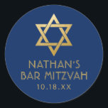 Bar Mitzvah Navy Blue & Gold Star of David Name Classic Round Sticker<br><div class="desc">Elegant modern blue and gold classic bar mitzvah stickers with custom name,  date and Star of David design. These bar mitzvah favor tag stickers are stylish and classy envelope seals,  or on your bar and bat mitzvah party decor projects.</div>