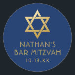 Bar Mitzvah Navy Blue & Gold Star of David Name Classic Round Sticker<br><div class="desc">Elegant modern blue and gold classic bar mitzvah stickers with custom name,  date and Star of David design. These bar mitzvah favor tag stickers are stylish and classy envelope seals,  or on your bar and bat mitzvah party decor projects.</div>