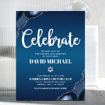 Bar Mitzvah Navy Blue Ombre Agate Script Modern Enclosure Card<br><div class="desc">Be proud, rejoice and showcase this milestone of your favorite Bar Mitzvah! Include this cool, unique, modern, personalized insert for additional information to your event. White script typography and Star of David overlay a deep navy blue ombre background with steel blue agate accented with faux silver veins. Personalize the custom...</div>