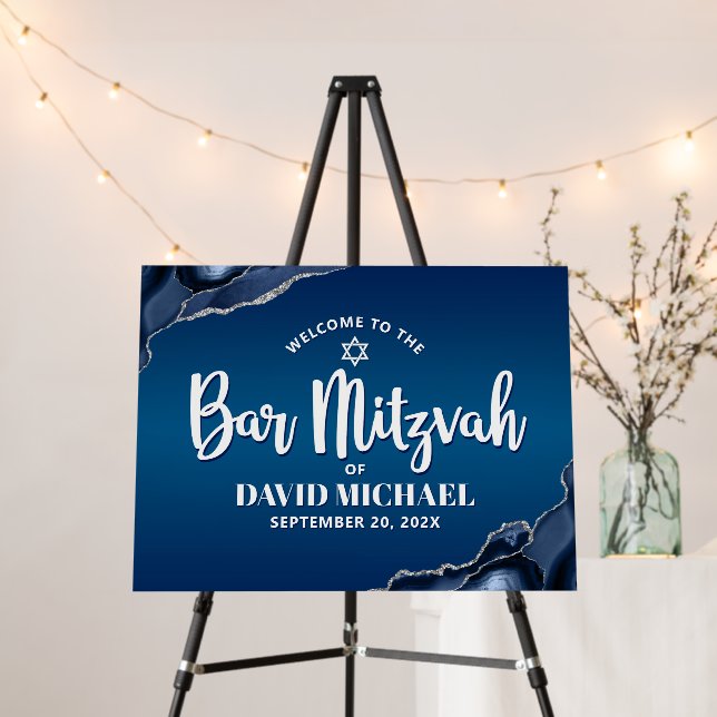 Bar Mitzvah Navy Blue Ombre Agate Script Welcome Foam Board (In Situ (Stand))