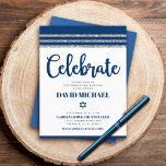 Bar Mitzvah Navy Blue Script Simple Modern Tallit  Enclosure Card<br><div class="desc">Be proud, rejoice and showcase this milestone of your favorite Bar Mitzvah! Include this cool, unique, modern, personalized insert for additional information to your event. Bold, navy blue script typography, Star of David and a navy blue and silver glitter striped tallit inspired graphic overlay a simple, white background. Personalize the...</div>