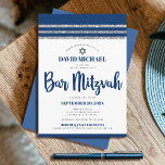 Bar Mitzvah Navy Blue Script Simple Modern Tallit  Invitation<br><div class="desc">Be proud, rejoice and showcase this milestone of your favorite Bar Mitzvah! Send out this cool, unique, modern, personalized invitation for an event to remember. Bold, navy blue script typography, Star of David and a navy blue and silver glitter striped tallit inspired graphic overlay a simple, white background. Personalize the...</div>