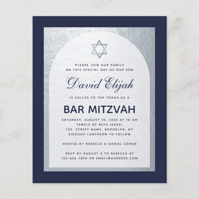 Bar Mitzvah Navy Blue Silver Budget Invitation (Front)