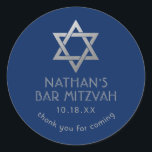 Bar Mitzvah Navy Blue & Silver Star of David Name Classic Round Sticker<br><div class="desc">Elegant modern blue and silver classic bar mitzvah stickers with custom name,  date and Star of David design. These bar mitzvah favor tag stickers are stylish and classy envelope seals,  or on your bar and bat mitzvah party decor projects.</div>