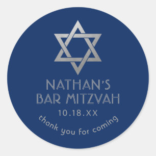 Bar Mitzvah Navy Blue & Silver Star of David Name Classic Round Sticker