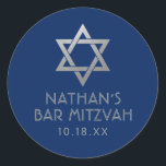 Bar Mitzvah Navy Blue & Silver Star of David Name Classic Round Sticker<br><div class="desc">Elegant modern blue and silver classic bar mitzvah stickers with custom name,  date and Star of David design. These bar mitzvah favor tag stickers are stylish and classy envelope seals,  or on your bar and bat mitzvah party decor projects.</div>