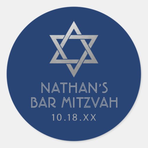 Bar Mitzvah Navy Blue  Silver Star of David Name Classic Round Sticker