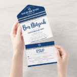 Bar Mitzvah Navy Blue Silver Tallit Modern Script All In One Invitation<br><div class="desc">Be proud, rejoice and showcase this milestone of your favorite Bar Mitzvah! Send out this cool, unique, modern, custom all-in-one invitation for an event to remember. Bold, navy blue script typography, Star of David and a navy blue and faux silver glitter striped tallit inspired graphic overlay a simple, white background....</div>