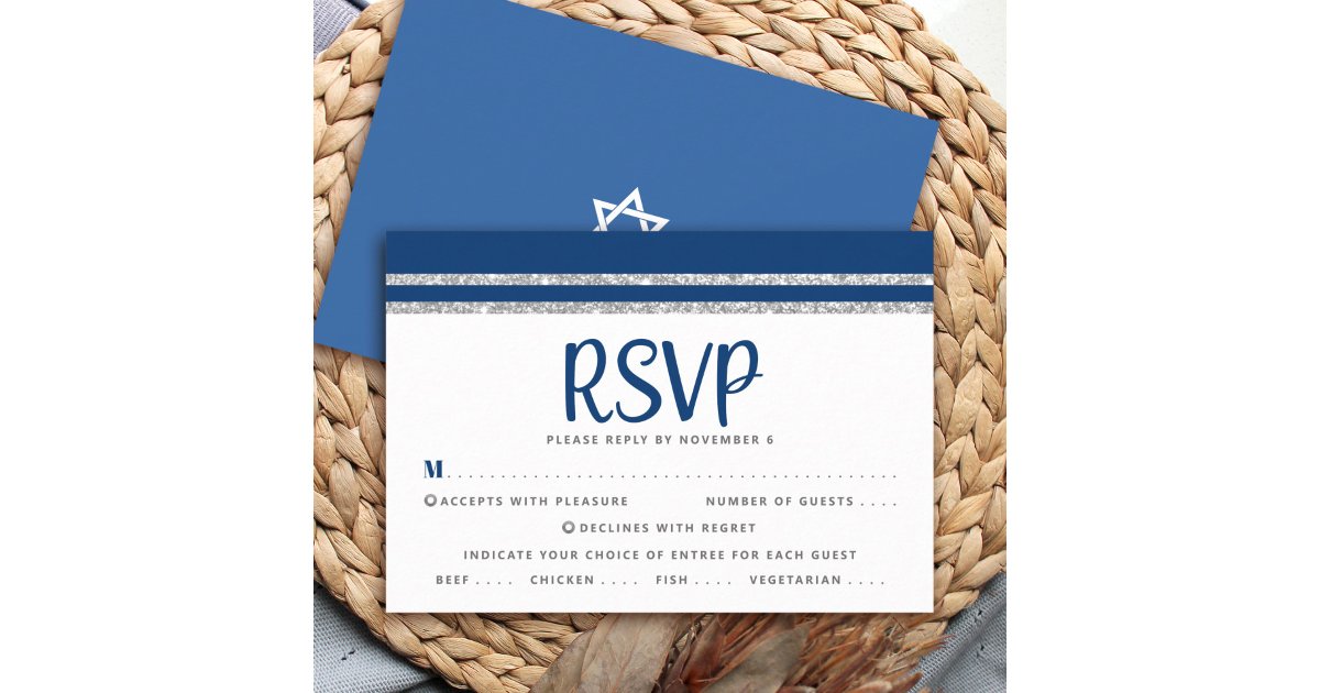 Entee Card Bar Mitzvah Navy Blue Silver Tallit Script Entree RSVP Card | Zazzle