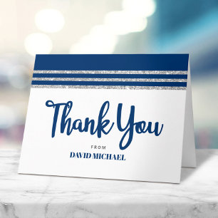 Bar Mitzvah Navy Blue Silver Tallit Script Modern Letterpress Thank You Card