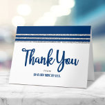 Bar Mitzvah Navy Blue Silver Tallit Script Modern Thank You Card<br><div class="desc">“Thank you.” Make sure your favorite Bar Mitzvah shows his appreciation to all who supported his milestone event! Send out this cool, unique, modern, personalized thank you card. Bold, navy blue script typography, Star of David and a navy blue and silver glitter striped tallit inspired graphic overlay a simple, white...</div>