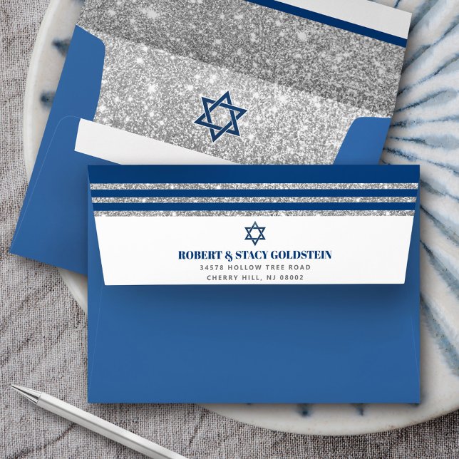 Bar Mitzvah Navy Blue Silver Tallit Simple Modern Envelope (Creator Uploaded)
