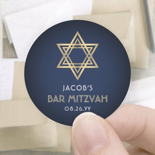 Bar Mitzvah Navy Blue White  Gold Star of David Classic Round Sticker