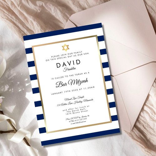 Bar Mitzvah Navy Blue White Stripe Gold Invitation