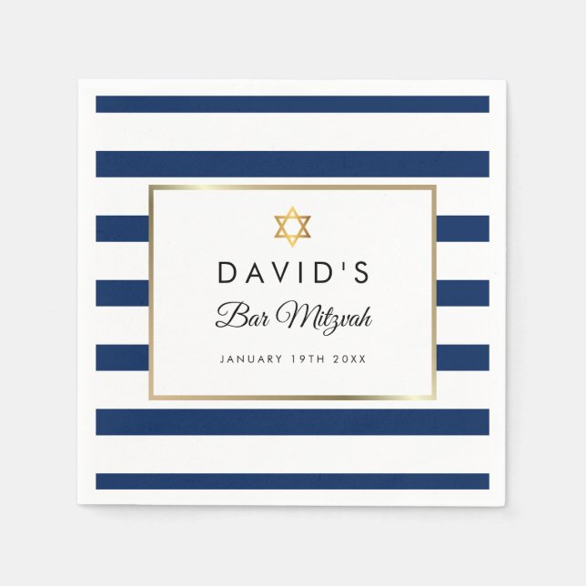 Bar Mitzvah Navy Blue White Stripe Gold Napkins (Front)
