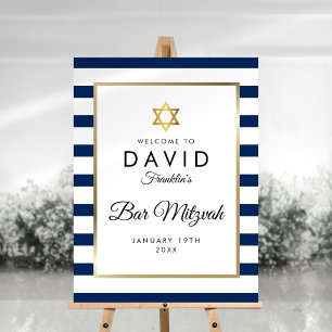 Bar Mitzvah Navy Blue White Stripe Gold Welcome Foam Board