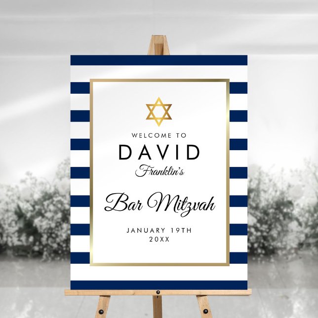 Bar Mitzvah Navy Blue White Stripe Gold Welcome Foam Board (Bar Mitzvah Navy Blue White Stripe Gold Welcome Foam Board)