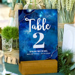 Bar Mitzvah Navy Galaxy Watercolor Agate Script Table Number<br><div class="desc">No Bar Mitzvah party is complete without personalized table number cards. Let your son be proud, rejoice and celebrate his milestone at his perfectly coordinated party. White calligraphy script, light blue gray and white typography, and steel blue agate rocks accented with faux silver veins overlay a deep blue galaxy watercolor...</div>