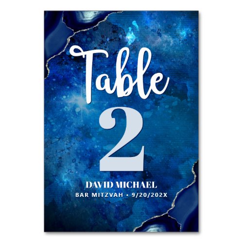 Bar Mitzvah Navy Galaxy Watercolor Agate Script Table Number