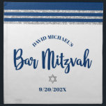 Bar Mitzvah Navy Silver Tallit Bold Challah Cover Cloth Napkin<br><div class="desc">Here’s a great addition to your Bar Mitzvah festivity. Celebrate with this cool, unique, modern, personalized challah cover cloth napkin to add to his special day. Bold, navy blue script typography, a silver Star of David and a navy blue and faux silver glitter striped tallit inspired graphic overlay a simple,...</div>