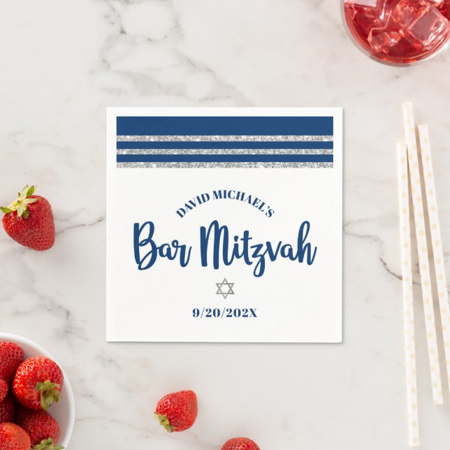 Bar Mitzvah Navy Silver Tallit Bold Script Minimal Napkins (Insitu)