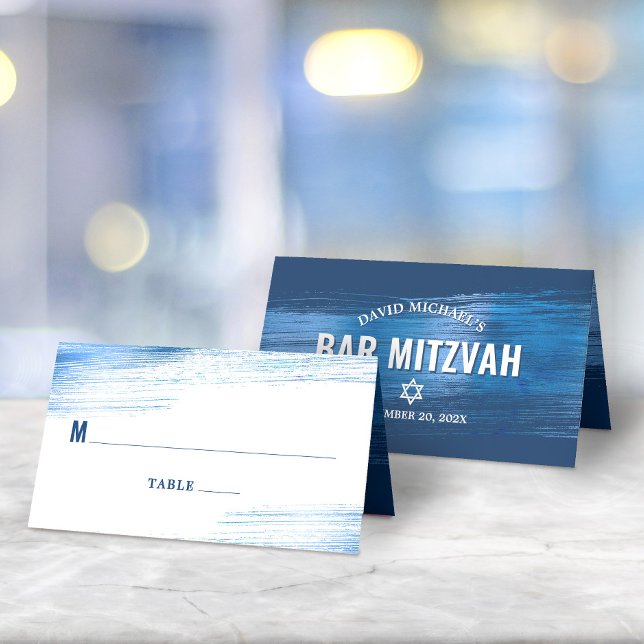 Bar Mitzvah Navy Typography Blue Foil Bold Modern Place Card (Creator Uploaded)