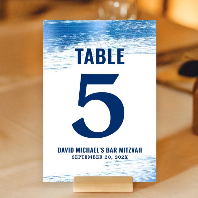 Bar Mitzvah Navy Typography Blue Foil Modern Bold Table Number (Creator Uploaded)