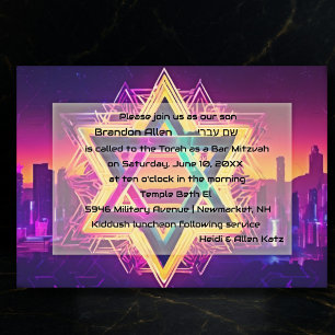 Bar Mitzvah Neon City Skyline Invitation
