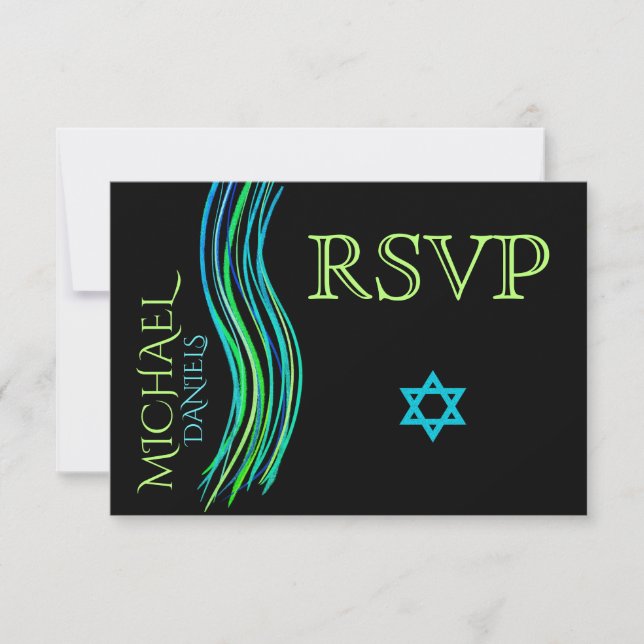 Bar Mitzvah Neon Green Prayer Shawl RSVP Card (Front)