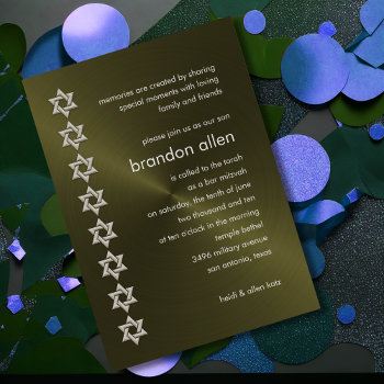 Bar Mitzvah Olive Sheen Silver Stars Of David Invitation by TailoredType at Zazzle
