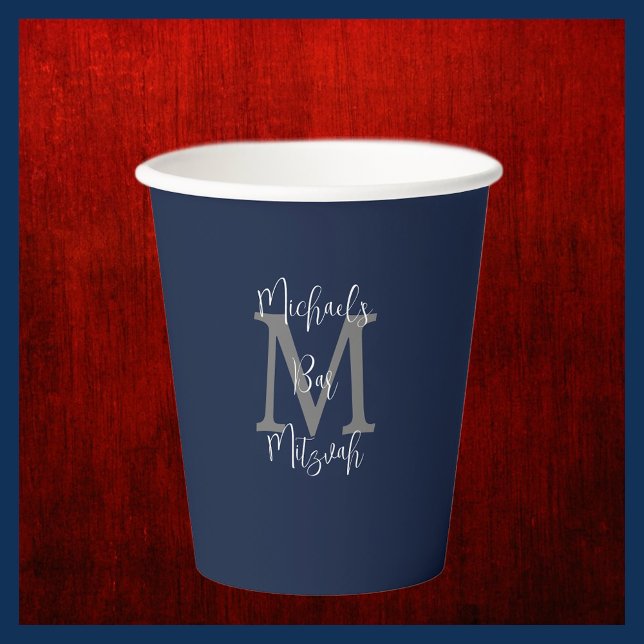 Bar Mitzvah Party Name Gray Monogram White Blue Paper Cups (Creator Uploaded)