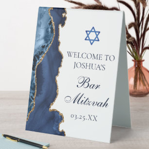 Bar Mitzvah Party Navy Blue Gold Agate Welcome Table Tent