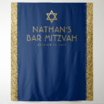 Bar Mitzvah Photo Backdrop Blue Gold<br><div class="desc">Bar Mitzvah Personalized Photo Backdrop Tapestry with navy blue background and gold sparkly glitter stripe border edges and faux gold Star of David at the top. Change the background colors and fonts by clicking "customize further" to design your own.</div>